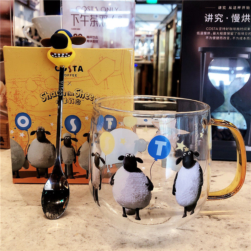 半是蜜糖半是伤同款costa小羊肖恩玻璃杯卡通联名热变色杯带勺