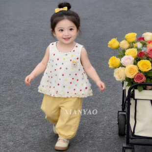 夏上新|儿童彩波点上衣女小童新款时髦背心裤子休闲薄款两件套ZY
