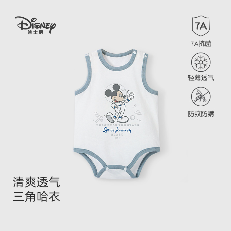 迪士尼新生婴儿连体衣夏季薄款无袖背心三角哈衣爬服纯棉宝宝夏