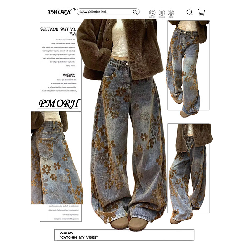 PMORH美式高街设计感印花直筒牛仔裤女春季新款高个子显瘦弯刀裤