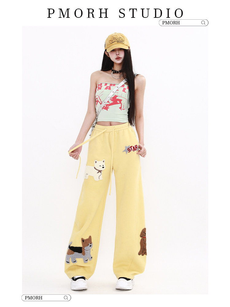 PMORH American retro niche commuter casual pants for women's summer 2026 new high-waisted dog embroidered floor-length pants thumbnail 2