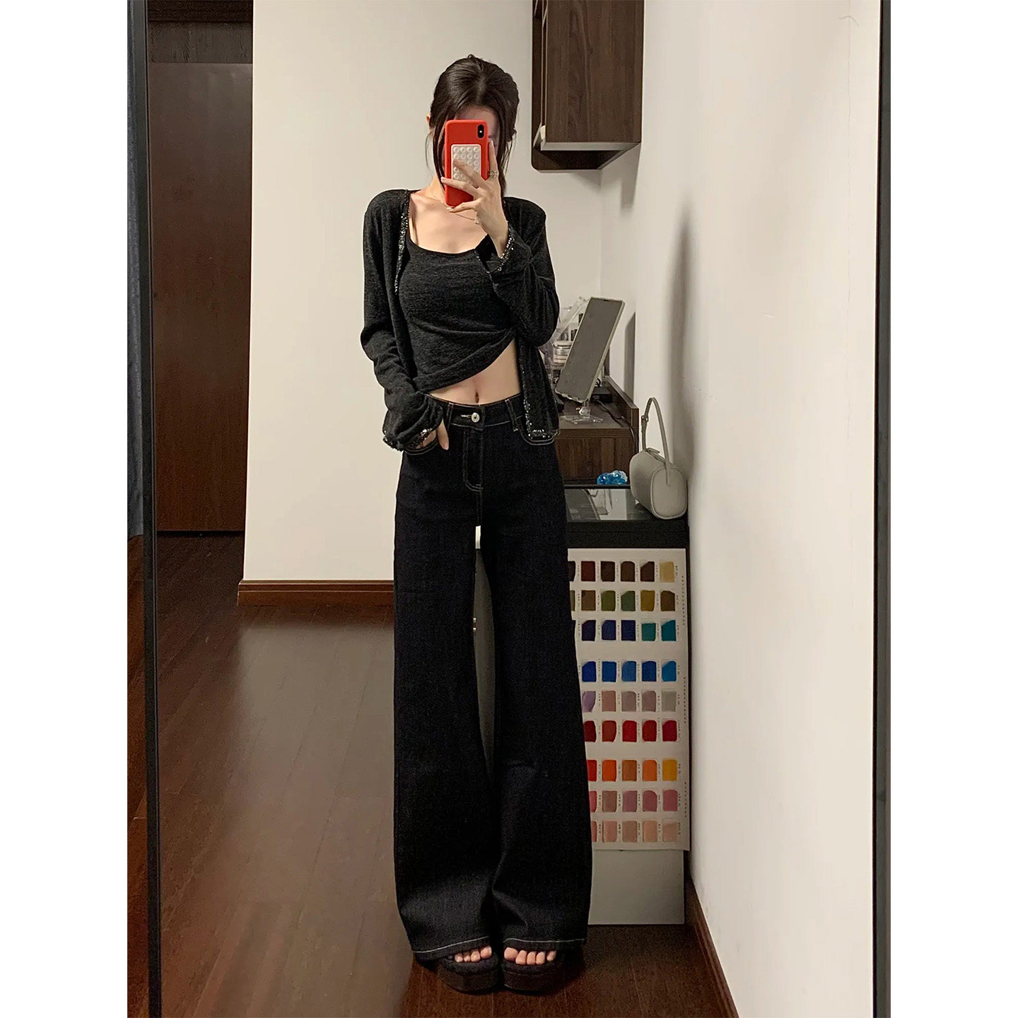 PMORH低腰微喇牛仔裤女2026秋季新款黑金色显瘦不贴腿拖地喇叭裤