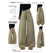 2026高个子显瘦直筒裤 女春季 阔腿牛仔裤 PMORH复古卡其色水洗工装