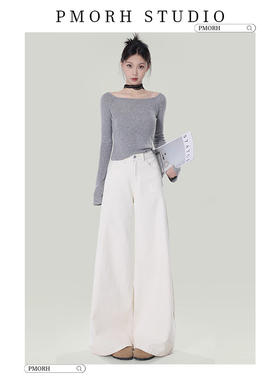 PMORH简约白色阔腿牛仔裤女2026新款秋冬高腰宽松垂感直筒长裤子