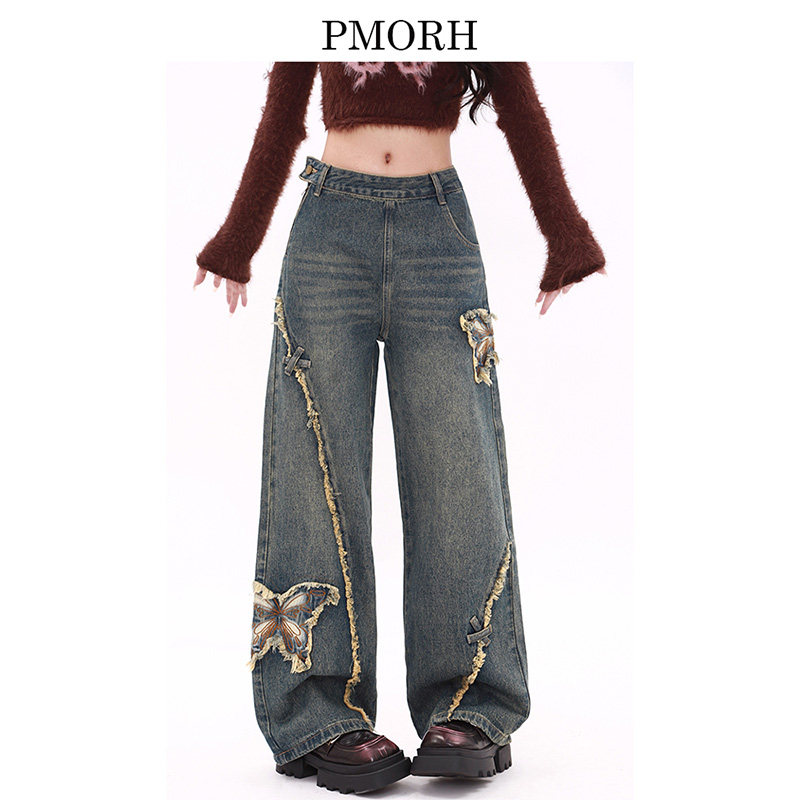 美式侧边拉链设计感阔腿牛仔裤女春季季蝴蝶贴布加厚宽松直筒裤子