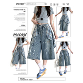 宽松显瘦撞色七分裤 PMORH设计感格纹裙摆泼墨牛仔短裤 女秋冬新款