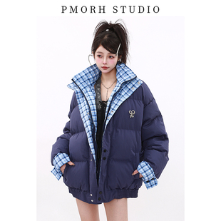 PMORH美式假两件格子拼接羽绒棉服女款春季加厚面包服棉衣棉外套