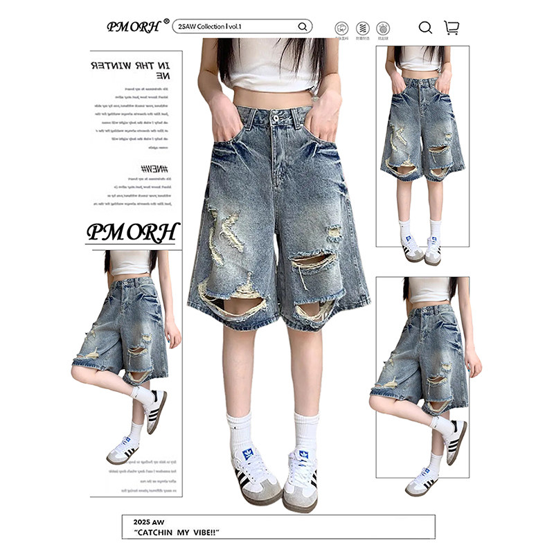 PMORH纯欲复古辣妹风水洗牛仔短裤女秋冬新款直筒宽松破洞五分裤,女装/女士精品,牛仔裤,淘宝优惠券,粉丝福利购,淘宝优惠卷