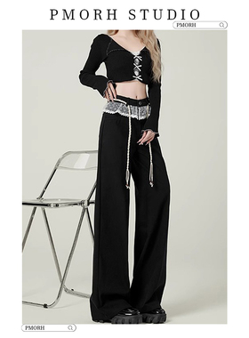 PMORH设计感蕾丝拼接黑色阔腿休闲裤女秋冬新款高腰宽松直筒裤子