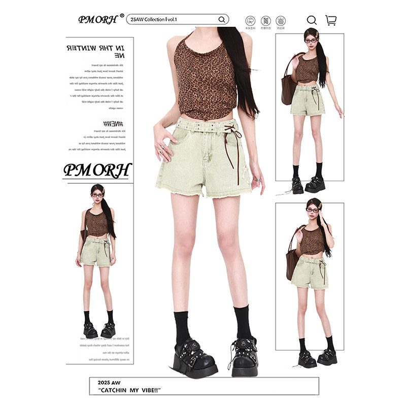 PMORH浅绿色复古设计感绑带牛仔短裤女秋冬高腰毛边a字阔腿热裤潮,女装/女士精品,牛仔裤,淘宝优惠券,粉丝福利购,淘宝优惠卷