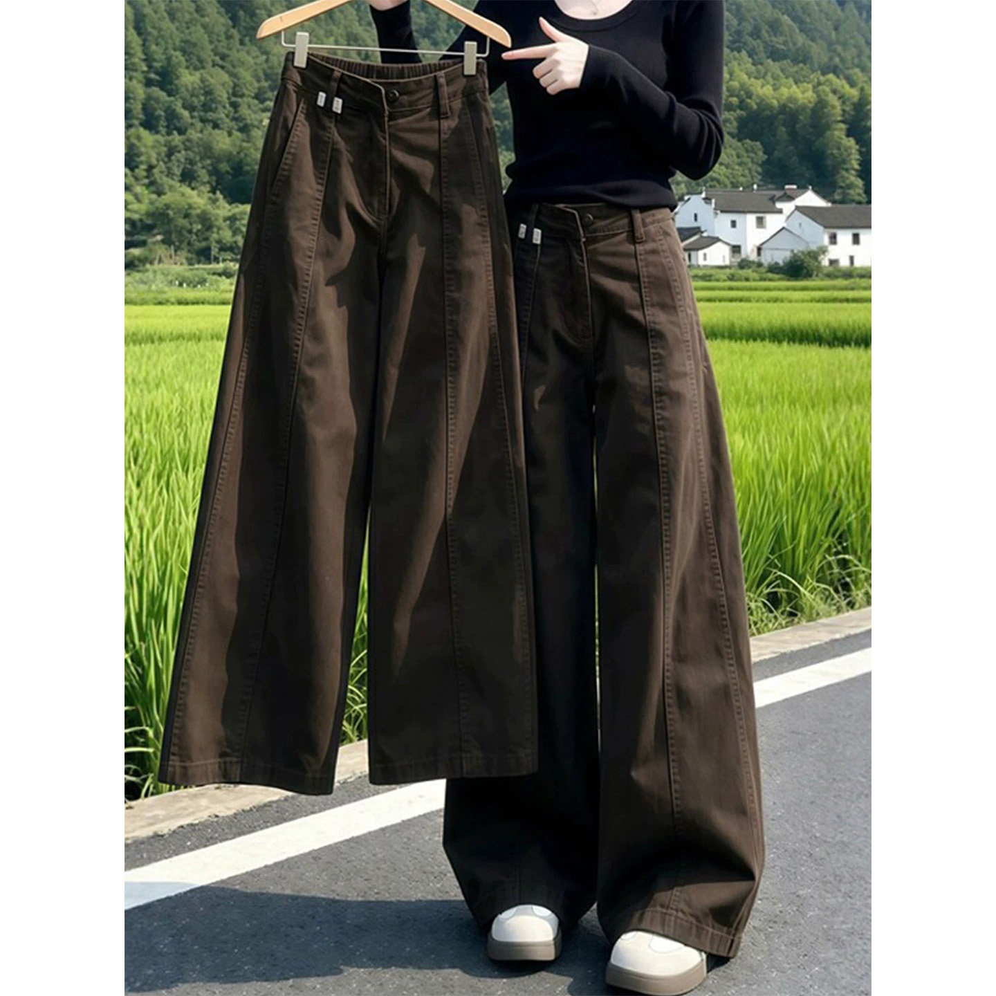 PMORH复古高腰阔腿2026秋季新款宽松显瘦水洗做旧咖色牛仔裤子女