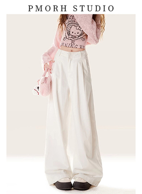 PMORH白色褶皱阔腿牛仔裤女秋冬2026年新款高腰直筒宽松垂感裤子