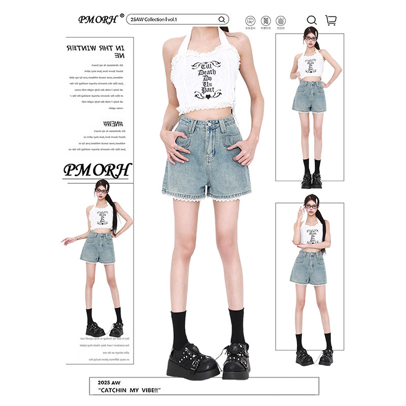 PMORH美式高街设计感蕾丝花边牛仔短裤女秋冬新款高腰显瘦a字热裤