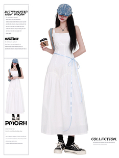 PMORH 法式白色吊带连衣裙女春季海边度假小白裙收腰仙女大摆裙子