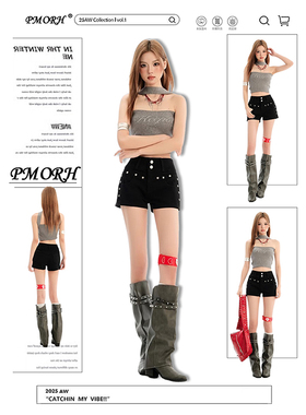 PMORH美式复古高腰双扣黑色牛仔短裤女秋冬新款包臀柳钉修身热裤