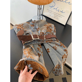 高腰显瘦弯刀裤 PMORH复古bf慵懒风水洗印花直筒牛仔裤 女秋冬新款