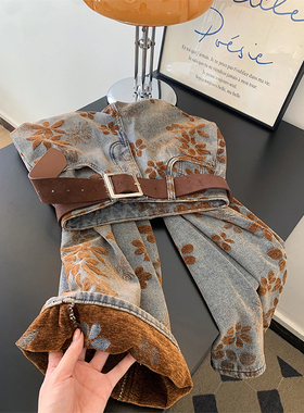 PMORH复古bf慵懒风水洗印花直筒牛仔裤女秋冬新款高腰显瘦弯刀裤