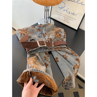 PMORH复古bf慵懒风水洗印花直筒牛仔裤女秋冬新款高腰显瘦弯刀裤