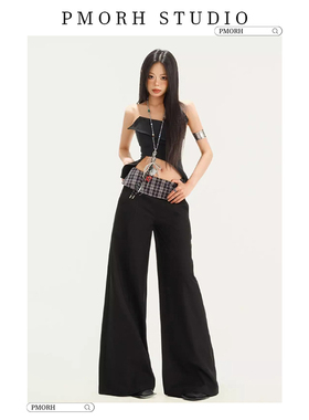 PMORH黑色格纹拼接中腰西装休闲裤女秋冬2026新款显瘦垂感阔腿裤