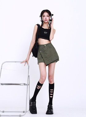 PMORH 2026新款美式复古设计感牛仔短裤女秋冬辣妹高腰宽松裙裤潮