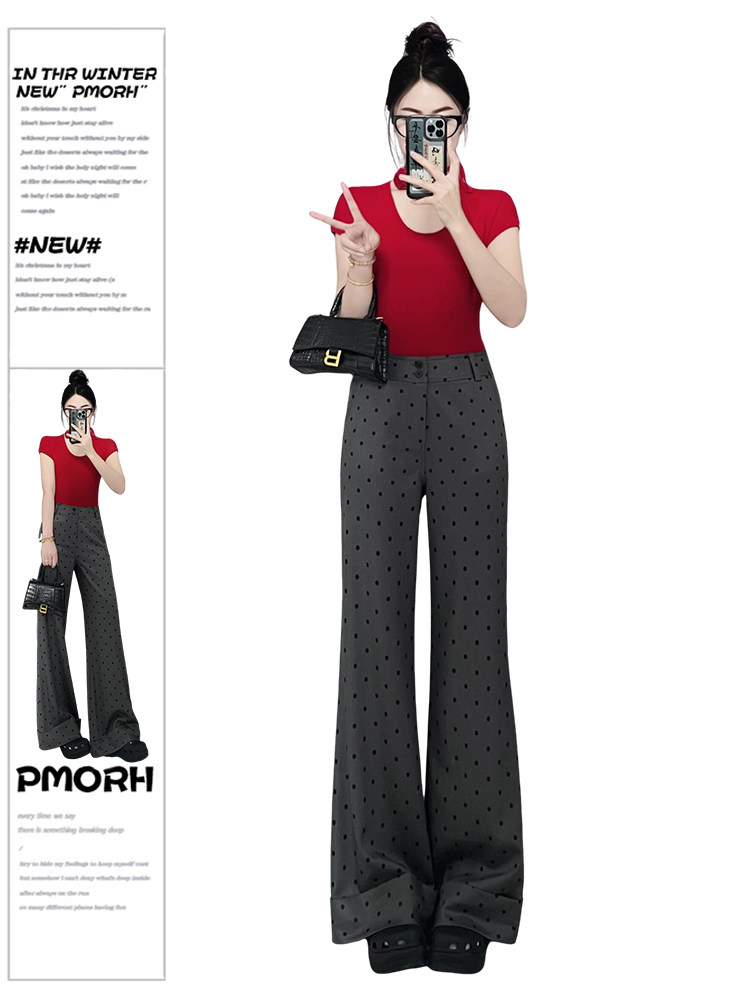 PMORH 复古灰色波点西装裤女秋冬高腰直筒阔腿裤宽松垂感休闲裤子,女装/女士精品,休闲裤,淘宝优惠券,粉丝福利购,淘宝优惠卷