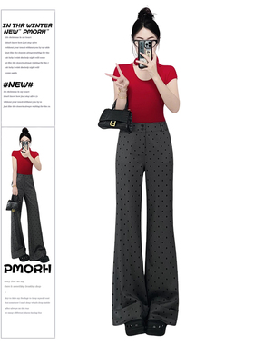 PMORH 复古灰色波点西装裤女秋冬高腰直筒阔腿裤宽松垂感休闲裤子