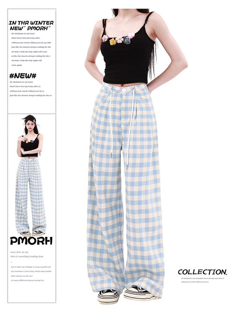 PMORH 多巴胺蓝色格子裤女秋冬薄款美式阔腿休闲裤高腰直筒长裤子,女装/女士精品,休闲裤,淘宝优惠券,粉丝福利购,淘宝优惠卷