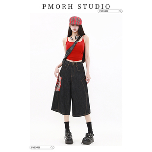 PMORH美式复古格纹拼接设计感牛仔七分裤女秋冬新款宽松阔腿短裤