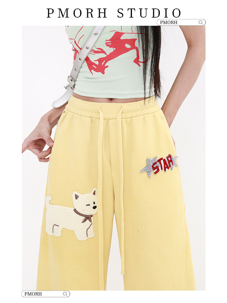 PMORH American retro niche commuter casual pants for women's summer 2026 new high-waisted dog embroidered floor-length pants thumbnail 6