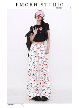 PMORH白色高腰复古牛仔裤女秋冬2026新款凯蒂猫印花宽松阔腿长裤