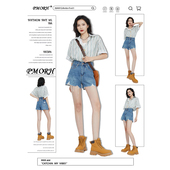 PMORH美式 子 高腰宽松显瘦性感毛边a字热裤 破洞牛仔短裤 女秋冬新款