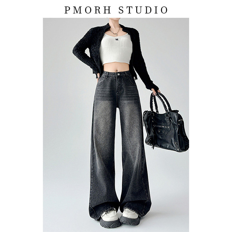 美式黑灰色高腰阔腿牛仔裤女秋冬季新款直筒宽松垂感显瘦拖地裤子,女装/女士精品,牛仔裤,淘宝优惠券,粉丝福利购,淘宝优惠卷