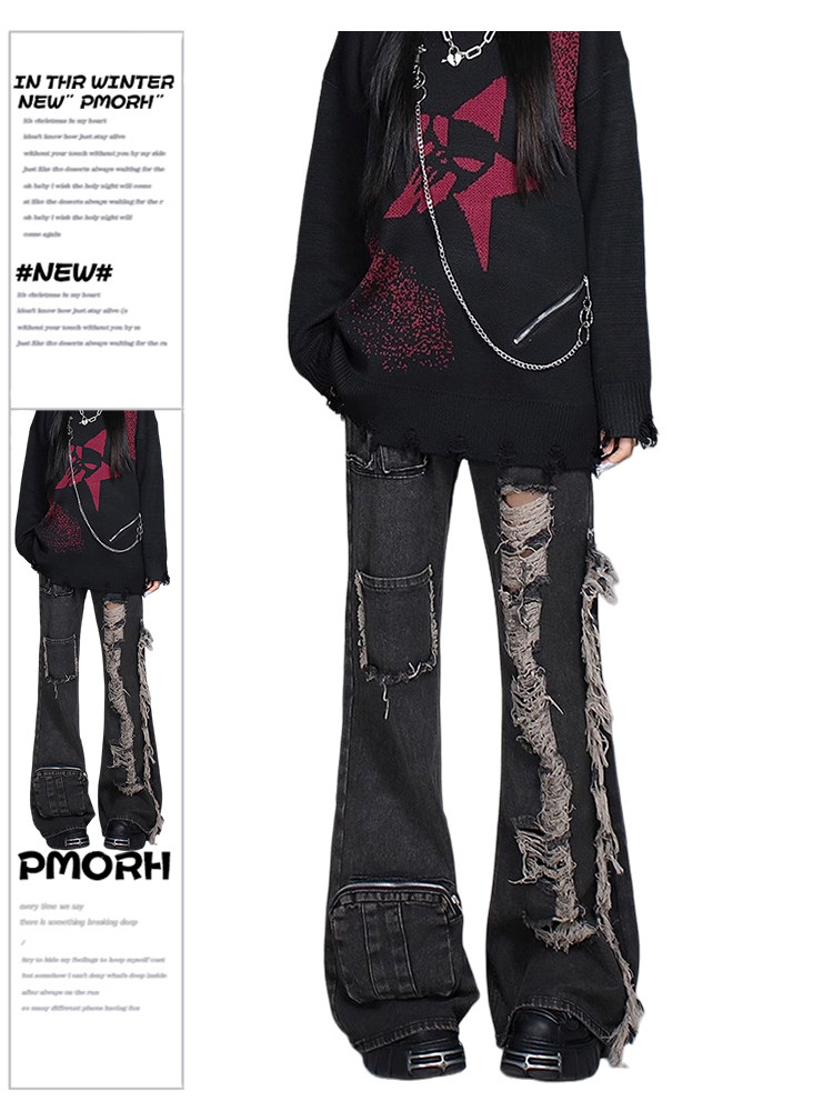 PMORH 美式复古黑色破坏感破洞工装牛仔裤女多口袋宽松设计拖地裤,女装/女士精品,牛仔裤,淘宝优惠券,粉丝福利购,淘宝优惠卷