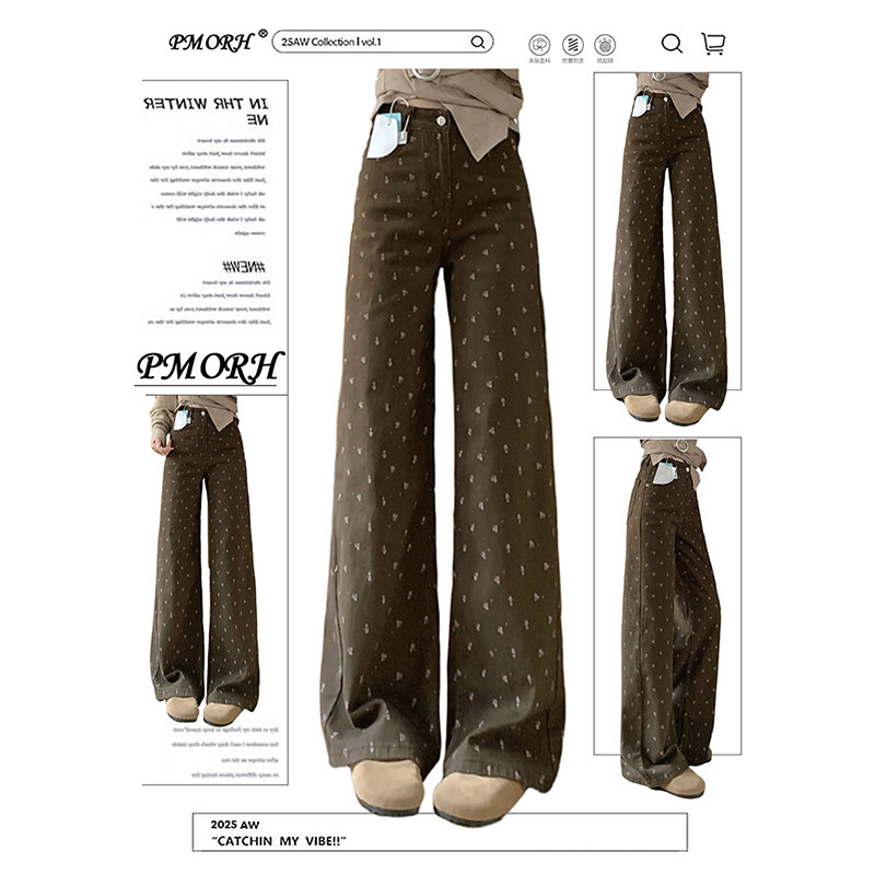 PMORH美式高级感碎花设计垂感牛仔裤女秋冬新款小众显瘦阔腿长裤,女装/女士精品,牛仔裤,淘宝优惠券,粉丝福利购,淘宝优惠卷
