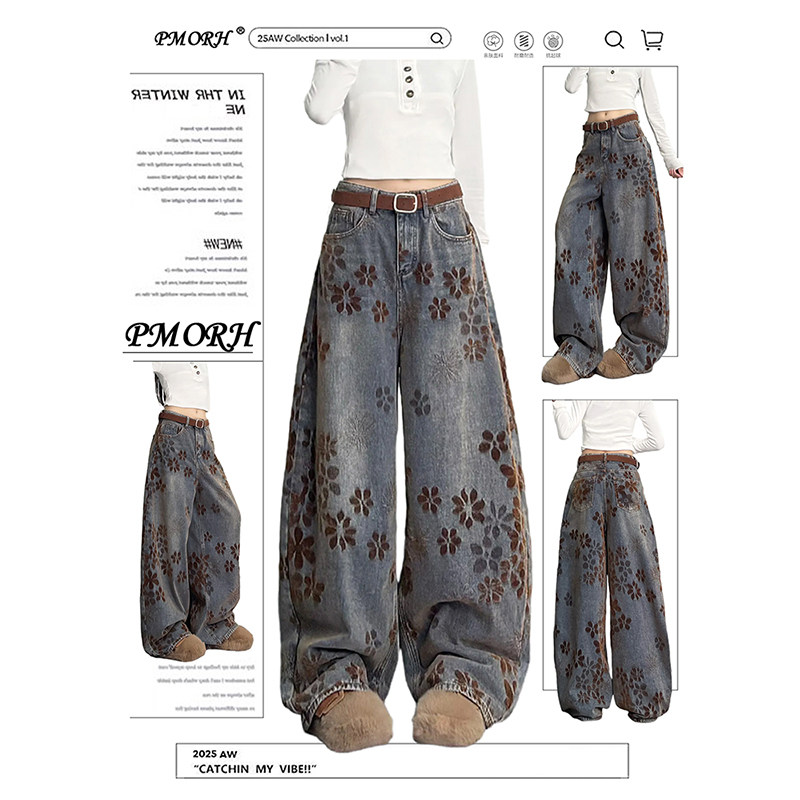 PMORH复古高街设计感印花直筒牛仔裤女秋冬新款高个子显瘦弯刀裤,女装/女士精品,牛仔裤,淘宝优惠券,粉丝福利购,淘宝优惠卷