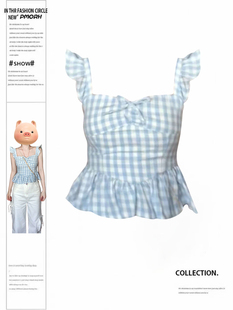 PMORH 蓝白格纹小飞袖吊带背心上衣女秋冬新款修身设计感甜美小衫