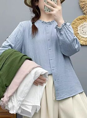 2025秋季新款木耳领花边长袖棉纱衬衫女休闲百搭上衣女86310