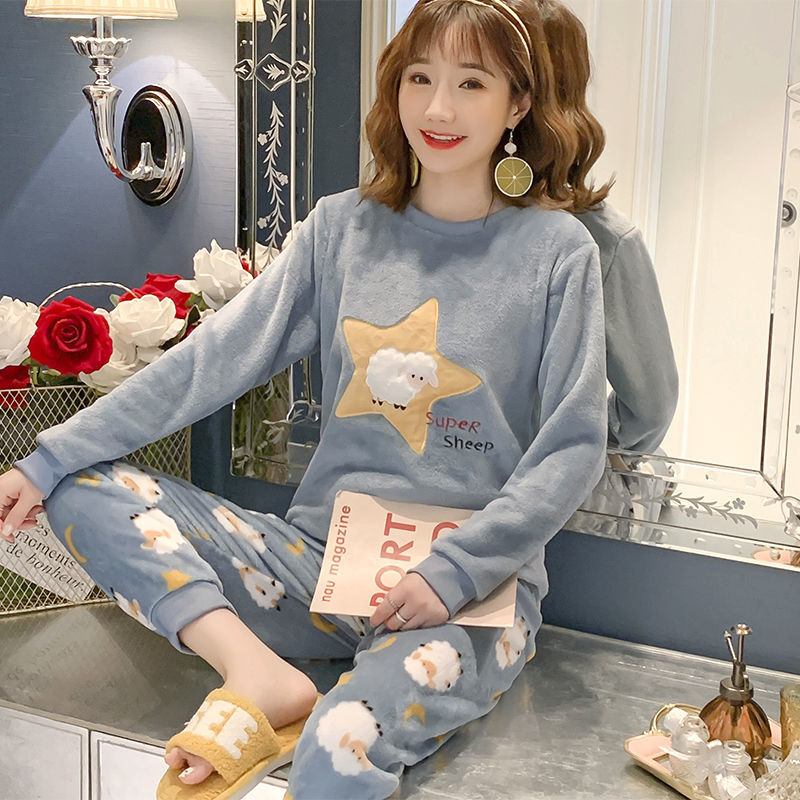 睡衣女冬珊瑚绒韩版大码可爱秋冬款加厚法兰绒女士家居服春秋套装