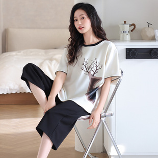 带胸垫家居服套装 维多利亚VICTORIA 纯棉睡衣女夏新款 圆领短袖