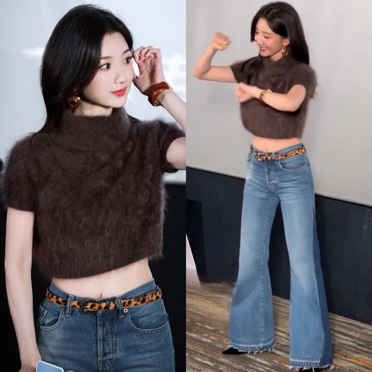 毛晓彤同款上衣复古棕色