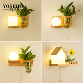 北欧简约室内拉绳开关绿植物实木过道装 饰酒店卧室床头灯创意壁灯