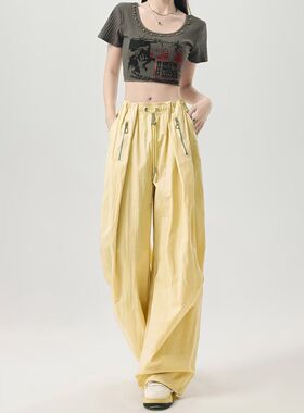 黄色速干工装裤女夏季薄款2026新款冰丝登山百搭潮流运动伞兵裤子