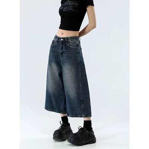 Easepure美式复古水洗阔腿七分牛仔裤男女中裤金靖同款休闲短裤