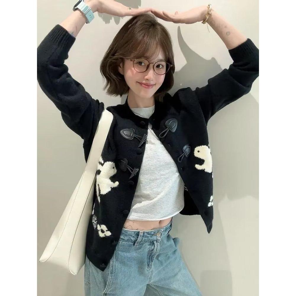 美式甜美可爱兔子polo领毛衣女春秋新款慵懒风宽松拉链开衫上衣潮