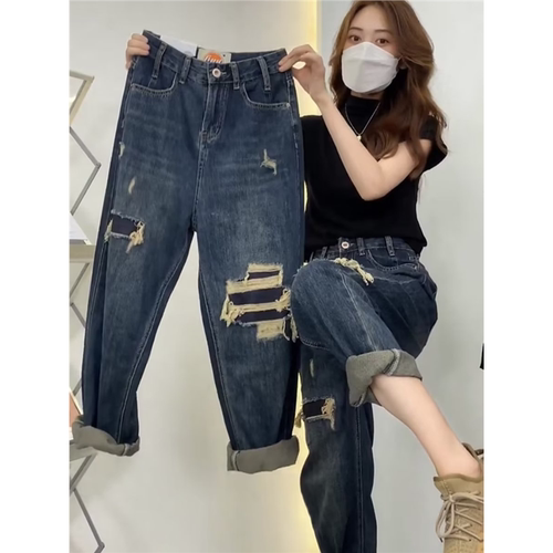 显腰破洞裤女新款宽松港风牛仔裤2024哈伦春夏炸街瘦高子大码老爹
