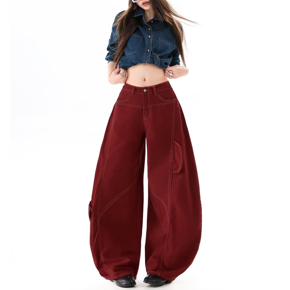 美式复古红色工装牛仔裤女国潮解构弯刀裤爵士舞宽松阔腿拖地长裤,女装/女士精品,牛仔裤,淘宝优惠券,粉丝福利购,淘宝优惠卷