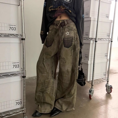 港风潮男夏季新款2024个性字母牛仔裤嘻哈ins潮高街潮流痞帅长裤