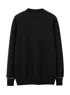 Pureピュア  袖口撞色缝线 半高领毛衣男女 黑色针织衫春装