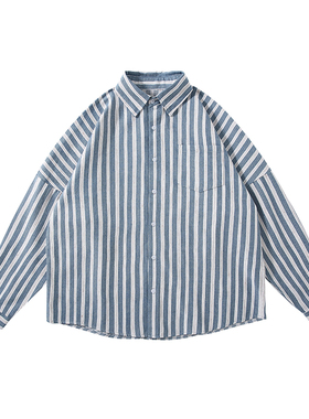 Pureピュア 衬衫纯棉男 长袖宽松秋装日系条纹休闲衬衣