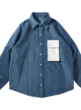 pureピュア 日系 盐系 重磅 全棉长袖灯芯绒 拼色衬衫男外套 春装